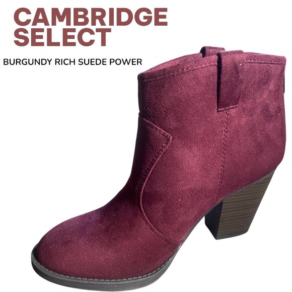 Cambridge Select Rich Burgundy Suede Ankle Boot – Chunky Heel • Slip-On Style - Picture 1 of 8